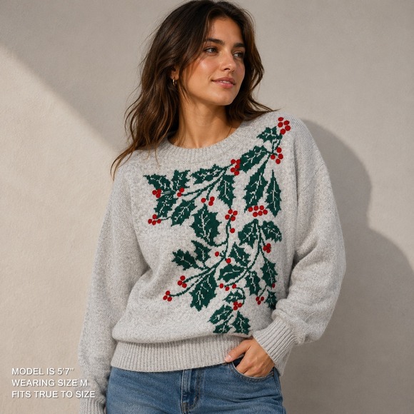 Talbots Sweaters - Talbots Womens Gray Holly Berry Intarsia Holiday Christmas Crewneck‎ Sweater M